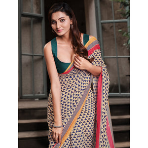 Cream Geometric Printed Cotton Blend Saree