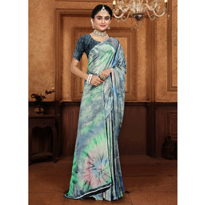 Bluish Grey Printed Crepe Silk Saree