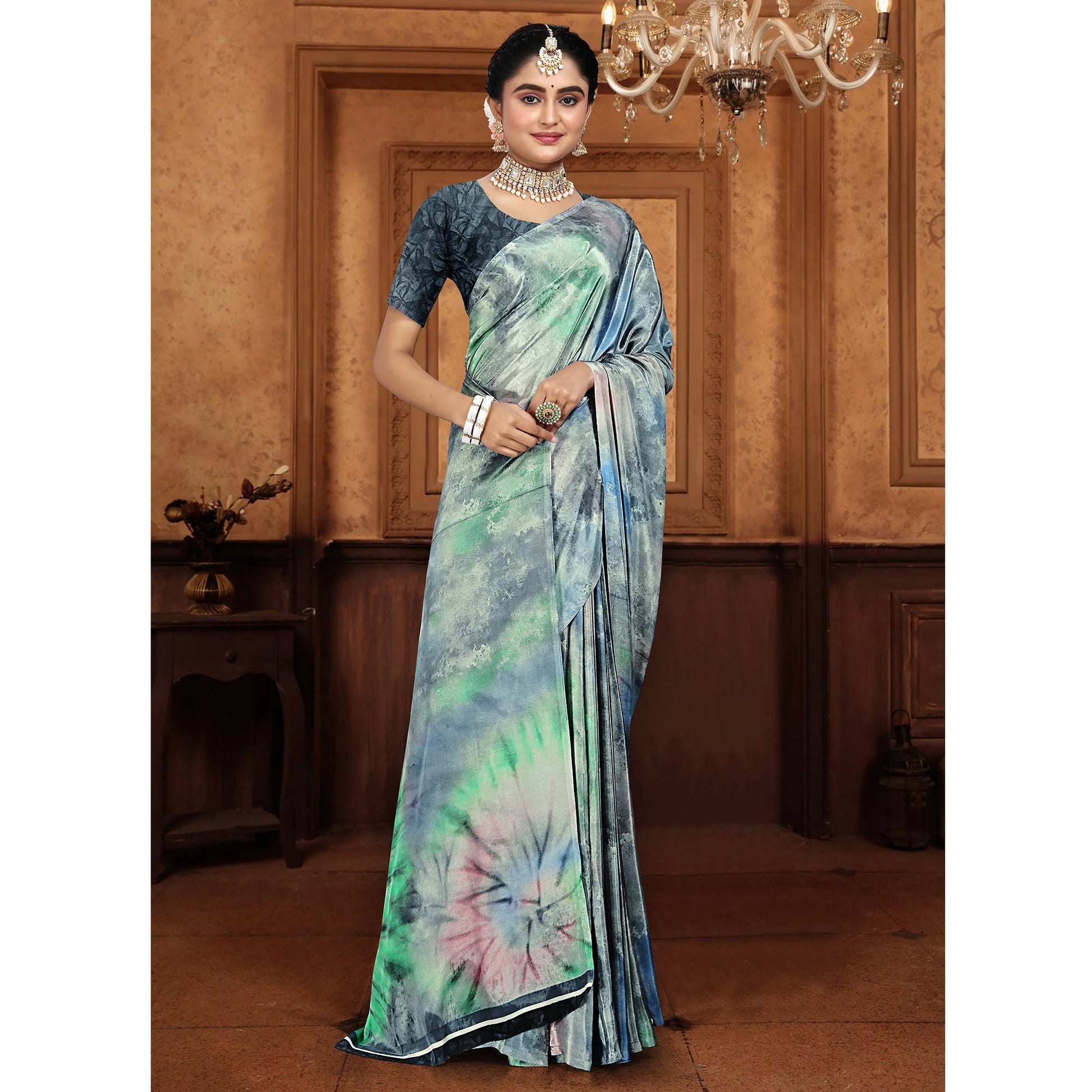 Bluish Grey Printed Crepe Silk Saree
