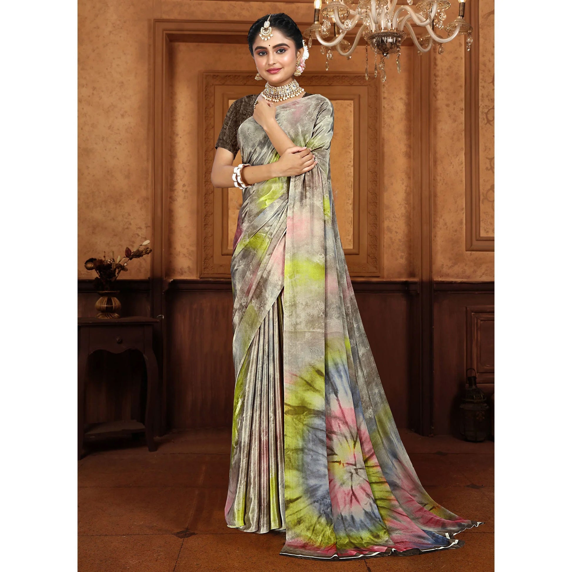 Grey Printed Crepe Silk Saree