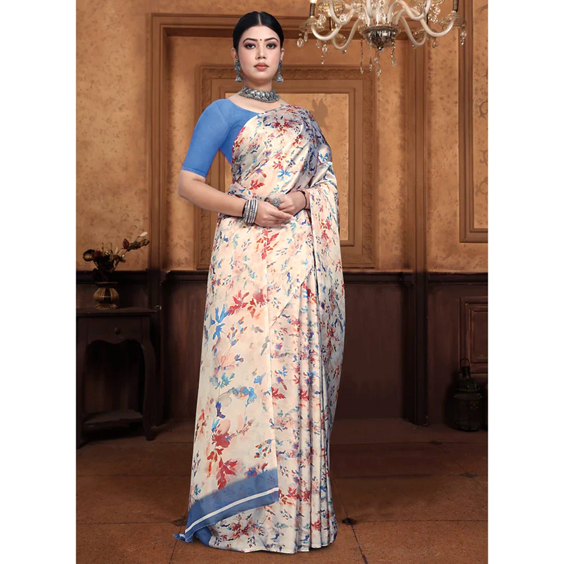 Cream Floral Digital Printed Georgette Saree