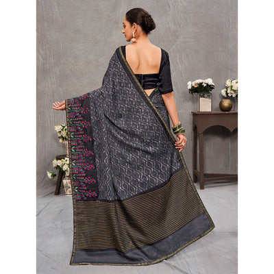 Grey Printed With Embroidered Cotton Silk Saree