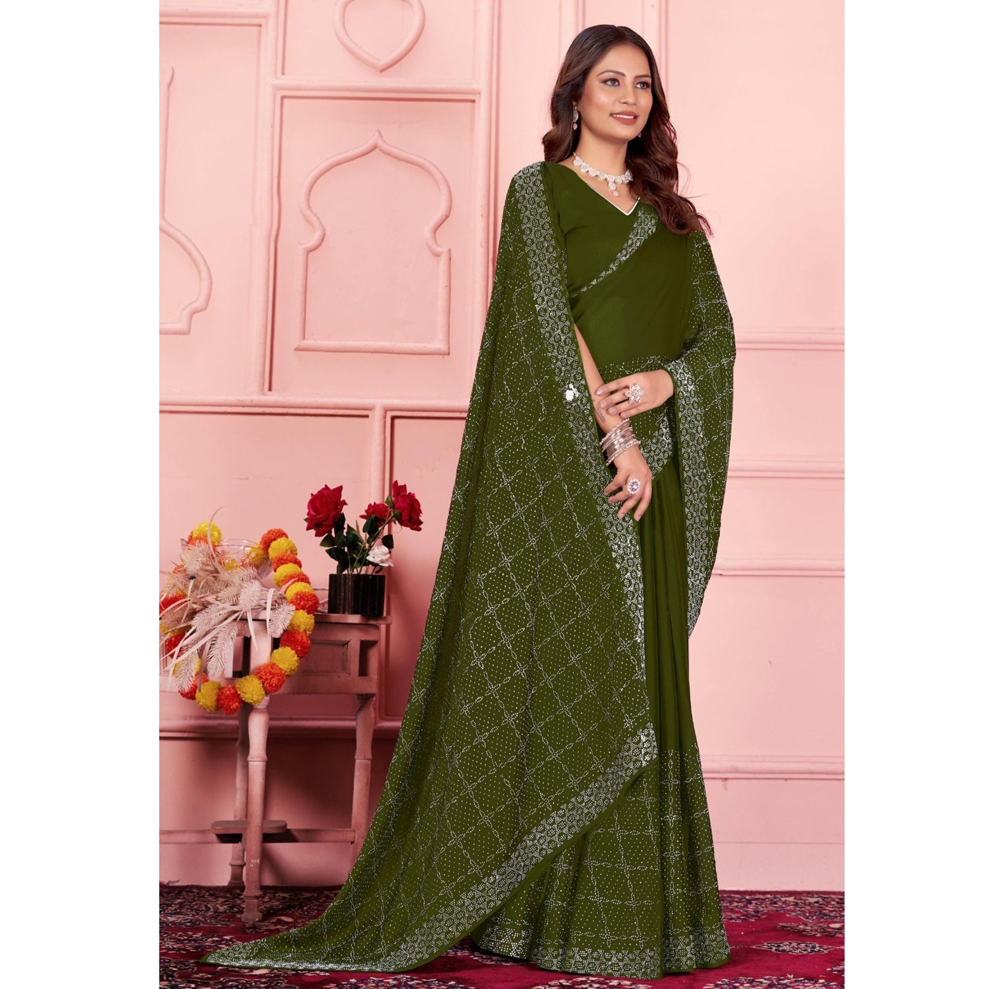 Mehendi Green Swarovski Work Satin Saree