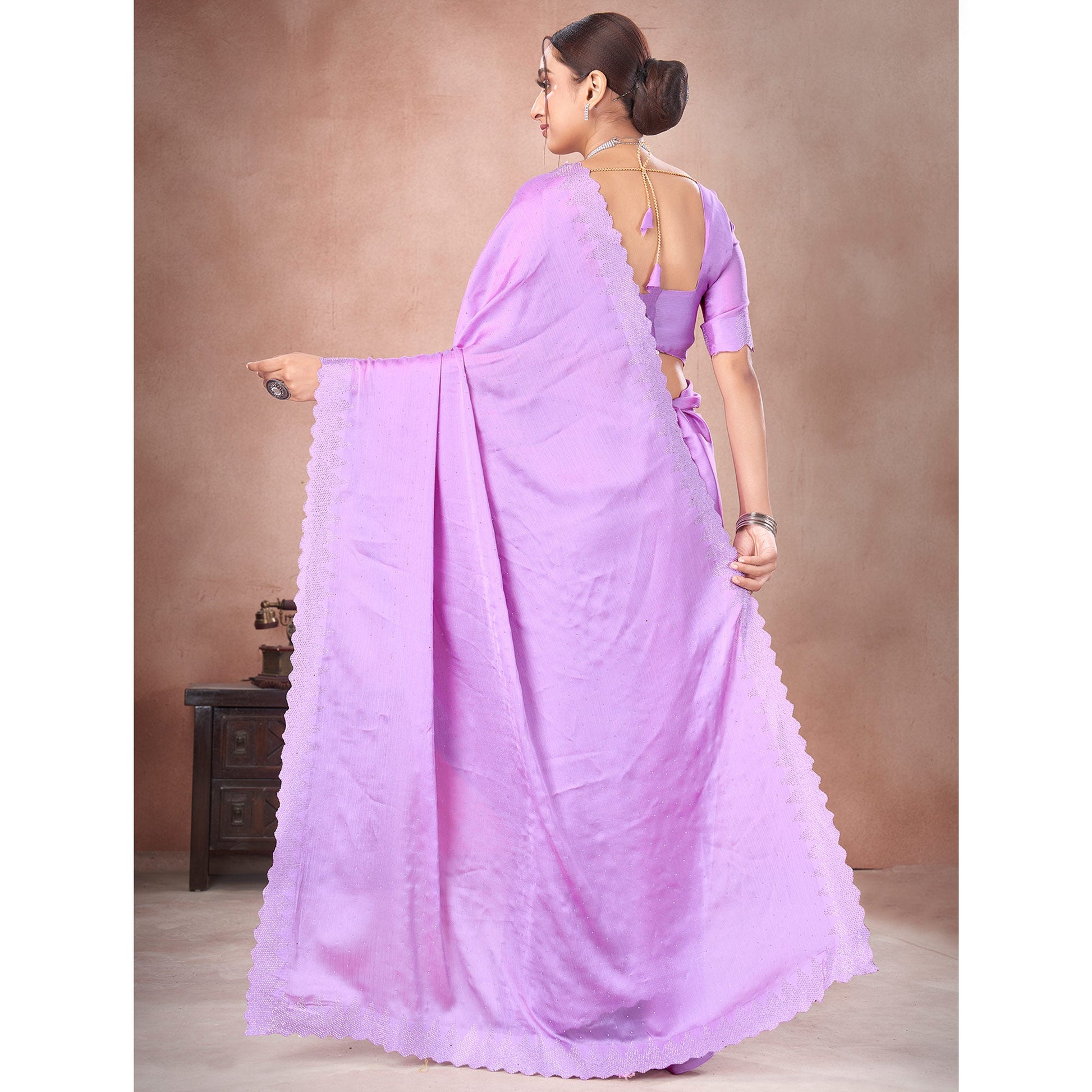 Light Purple Swarovski Work Satin Saree