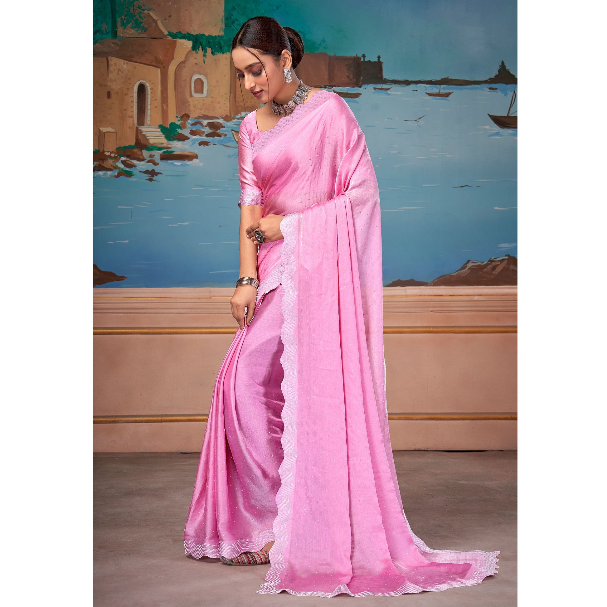 Light Pink Swarovski Work Satin Saree