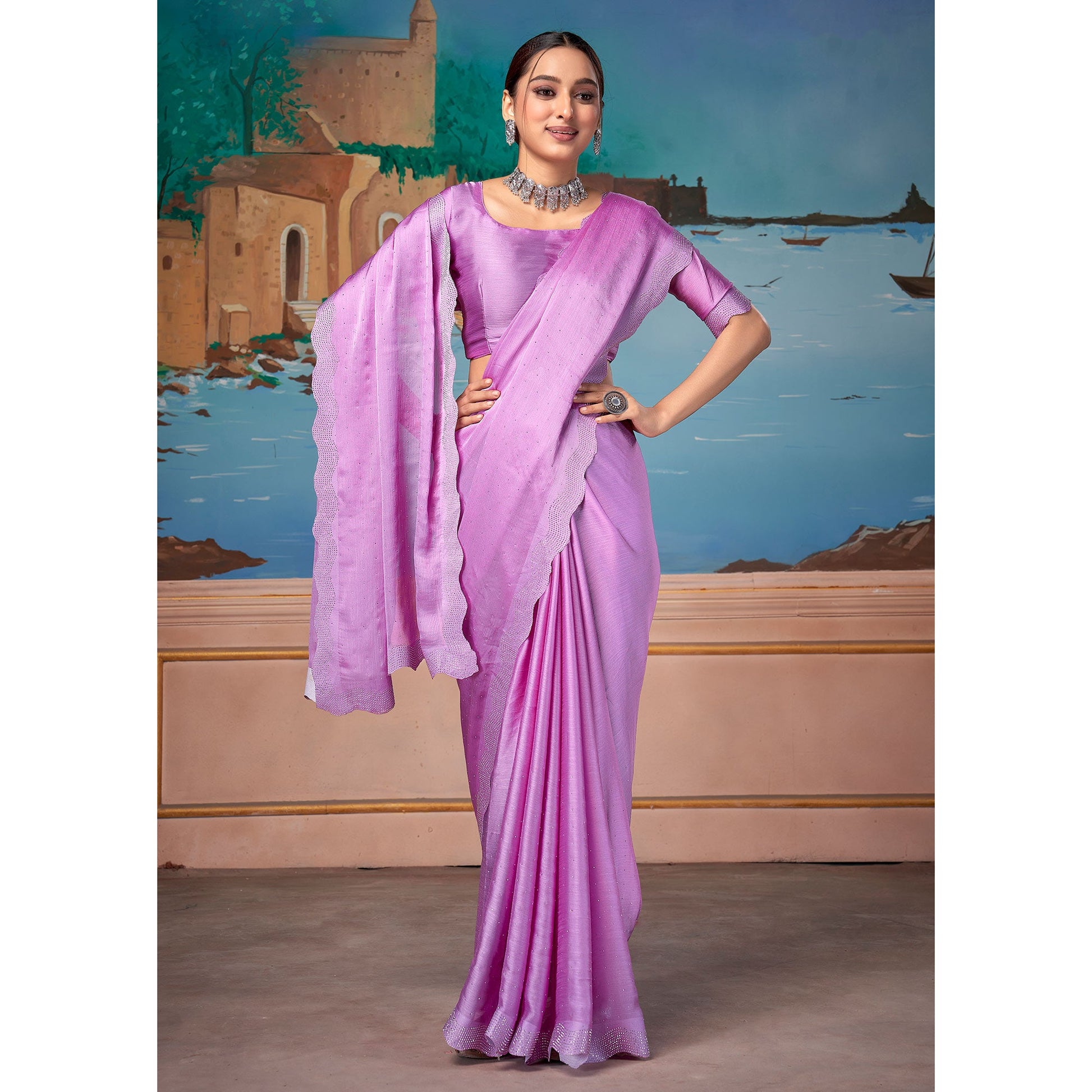 Mauve Swarovski Work Satin Saree