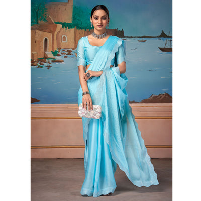 Light Blue Swarovski Work Satin Saree