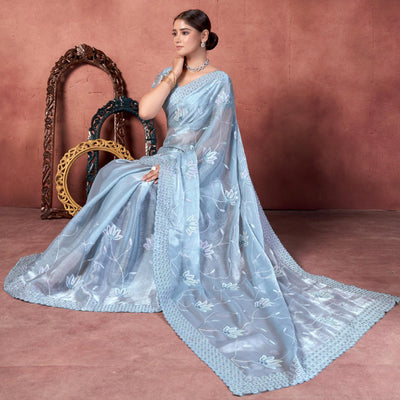 Greyish Blue Floral Sequins Embroidered chiffon Saree