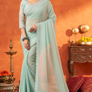 Mint Green Embroidered Crunchy Soft Net Saree With Embellished Border
