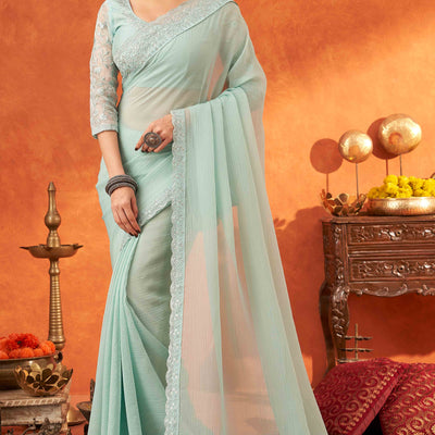 Mint Green Embroidered Crunchy Soft Net Saree With Embellished Border