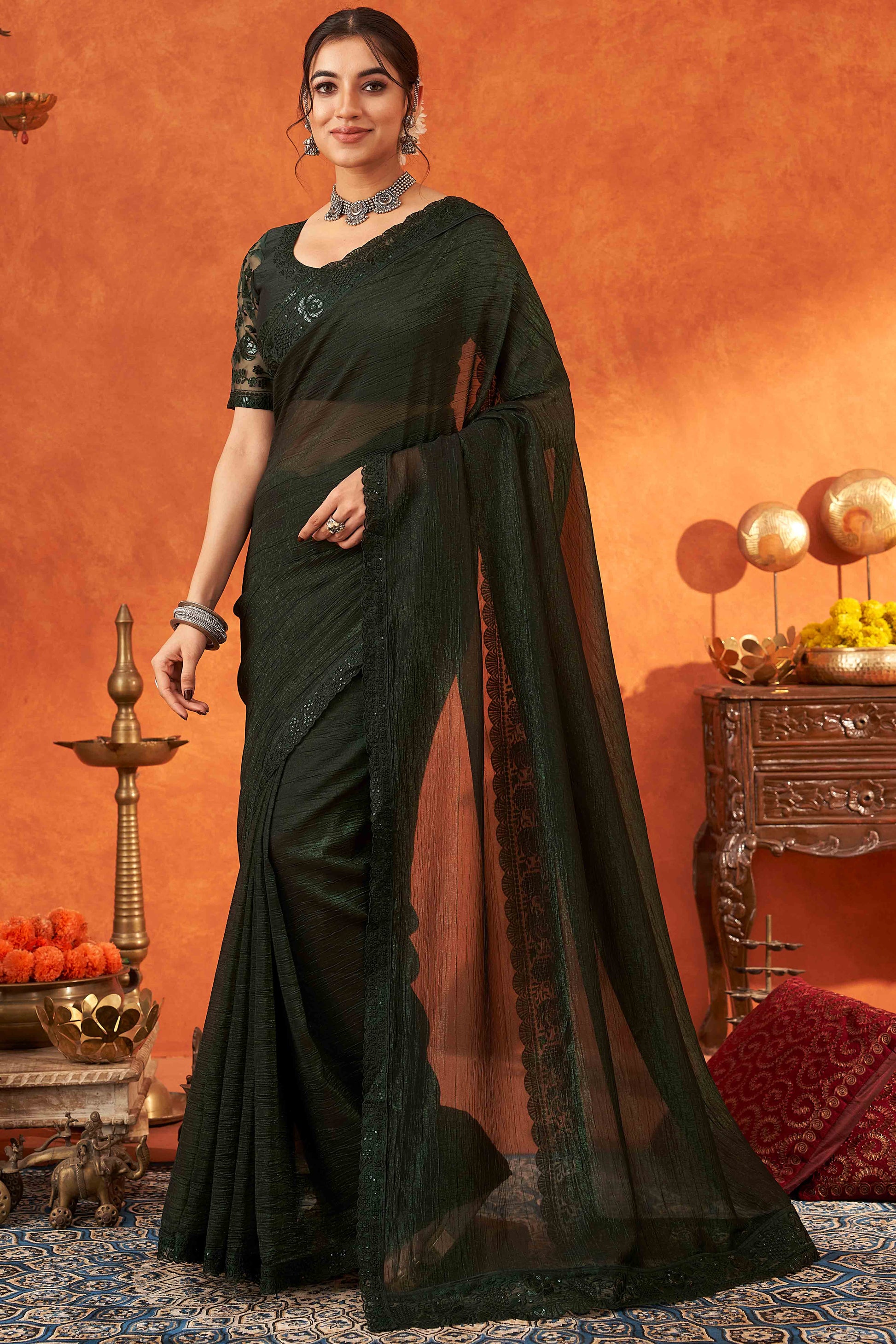 green-embroidered-crunchy-soft-net-saree-with-embellished-border