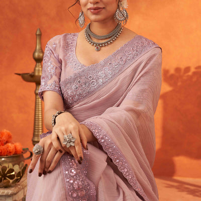 Lavender Embroidered Crunchy Soft Net Saree With Embellished Border