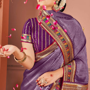 Lavender Swarovski Work Satin Rangoli Saree With Embroidered Border
