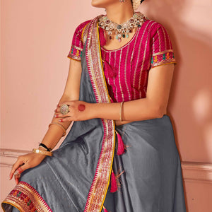 Grey Swarovski Work Satin Rangoli Saree With Embroidered Border