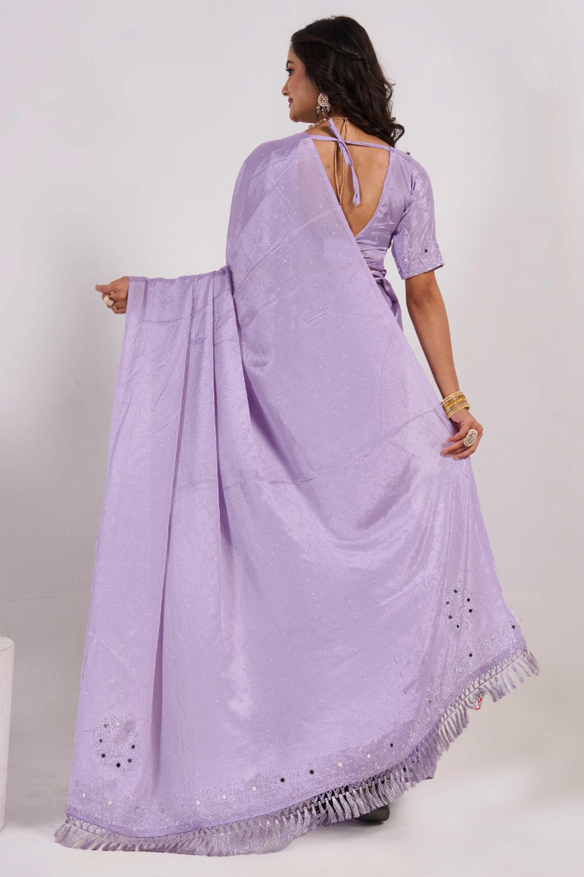 Lavender Swarovski With Mirror Work Chinon Saree