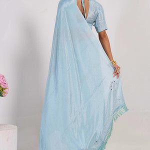 Blue Swarovski With Mirror Work Chinon Saree