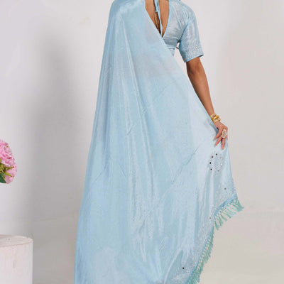 Blue Swarovski With Mirror Work Chinon Saree