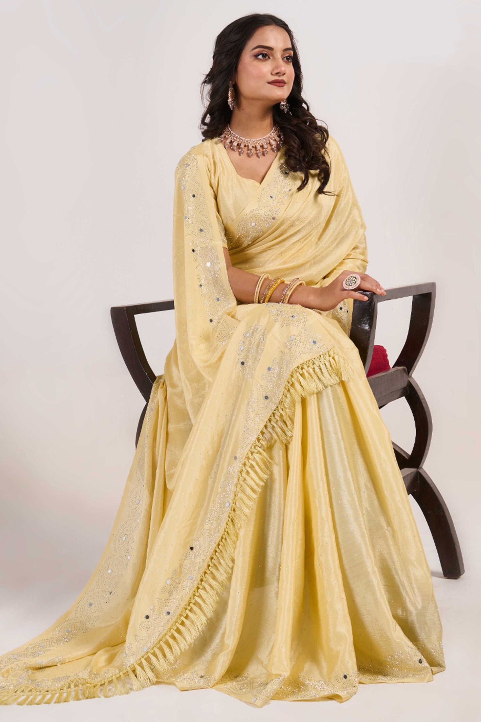 Light Yellow Swarovski With Mirror Work Chinon Saree