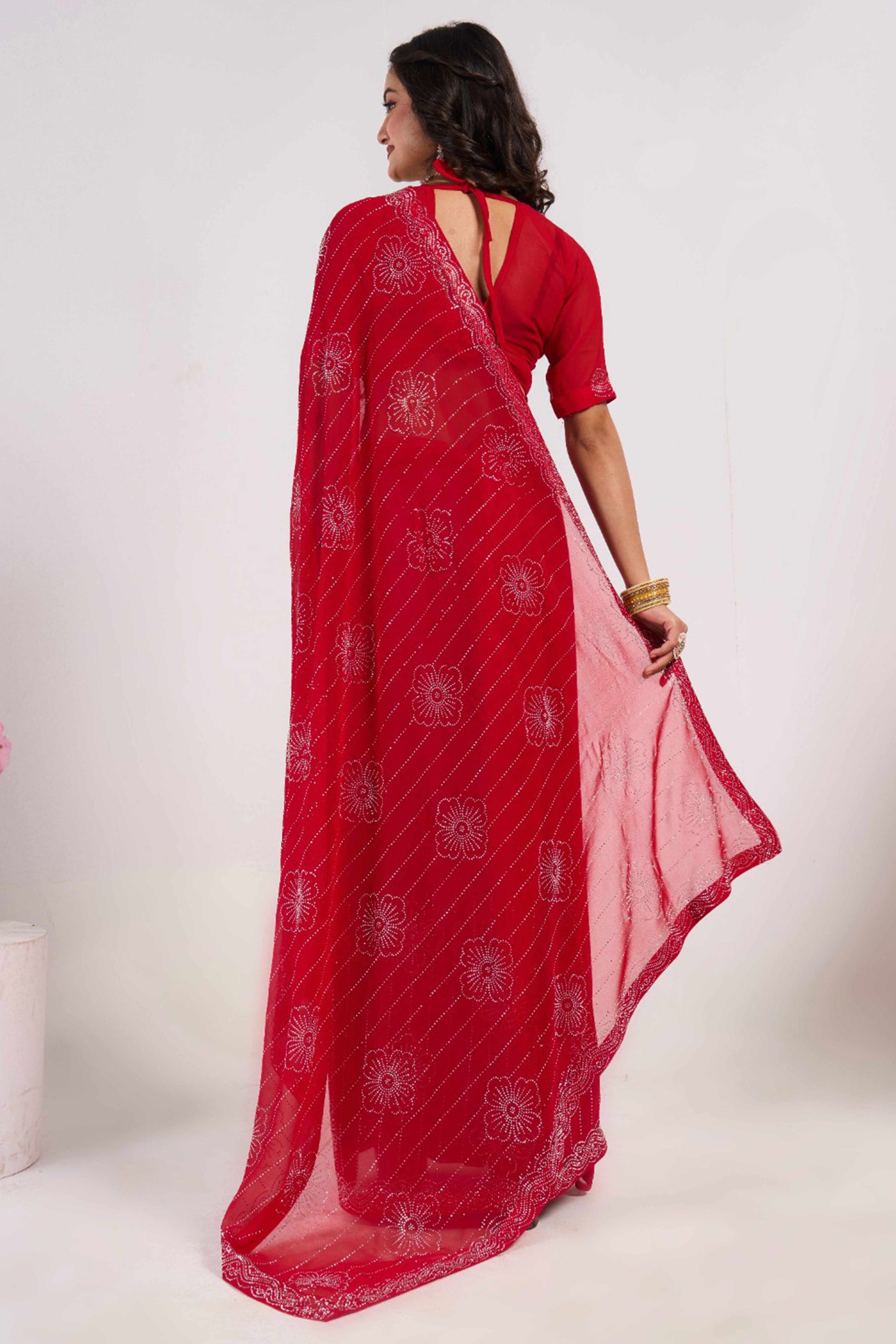 Cherry Red Swarovski Work Georgette Saree