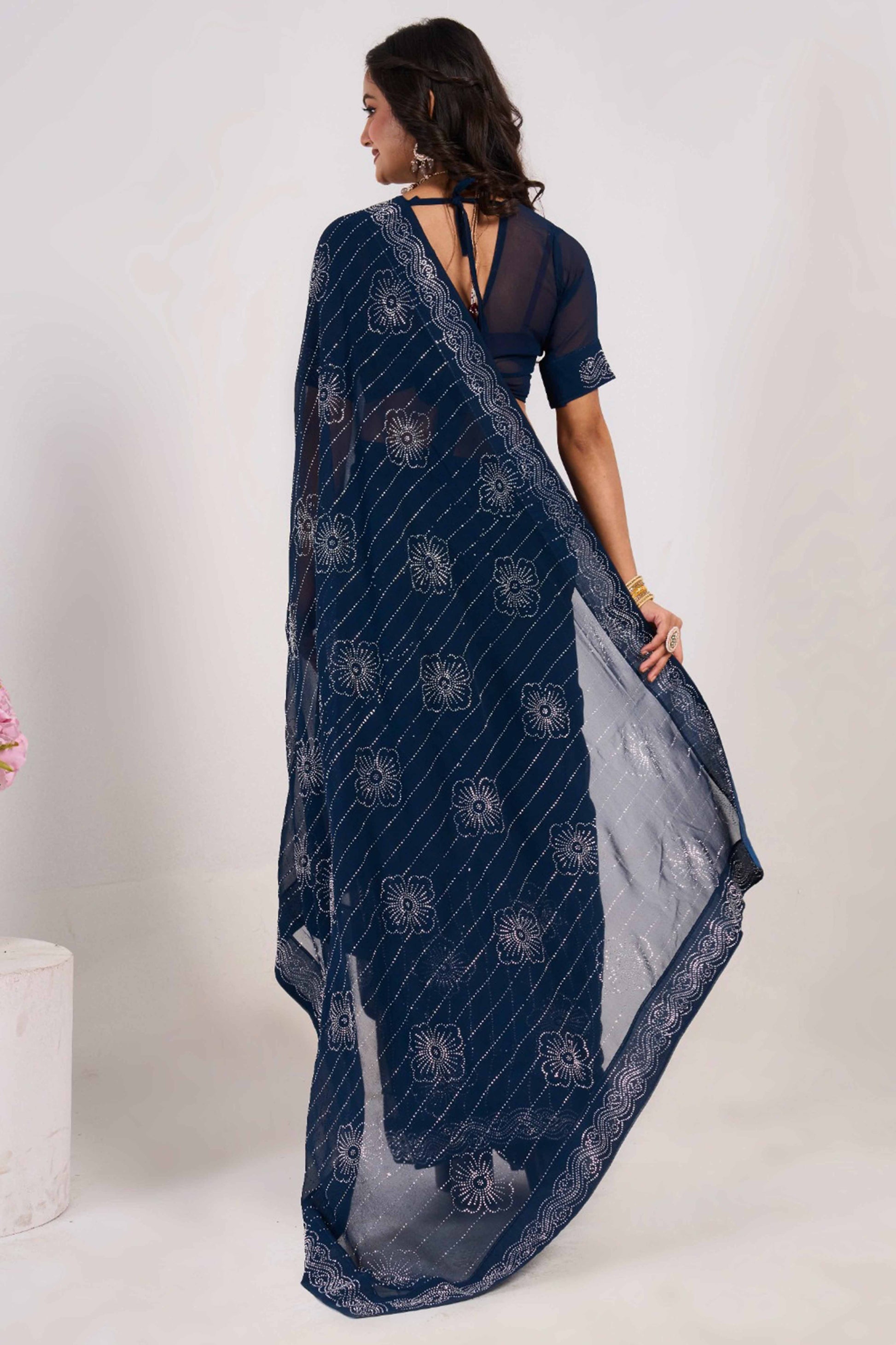 Blue Swarovski Work Georgette Saree