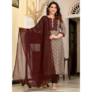 Brown Printed Chanderi Suit
