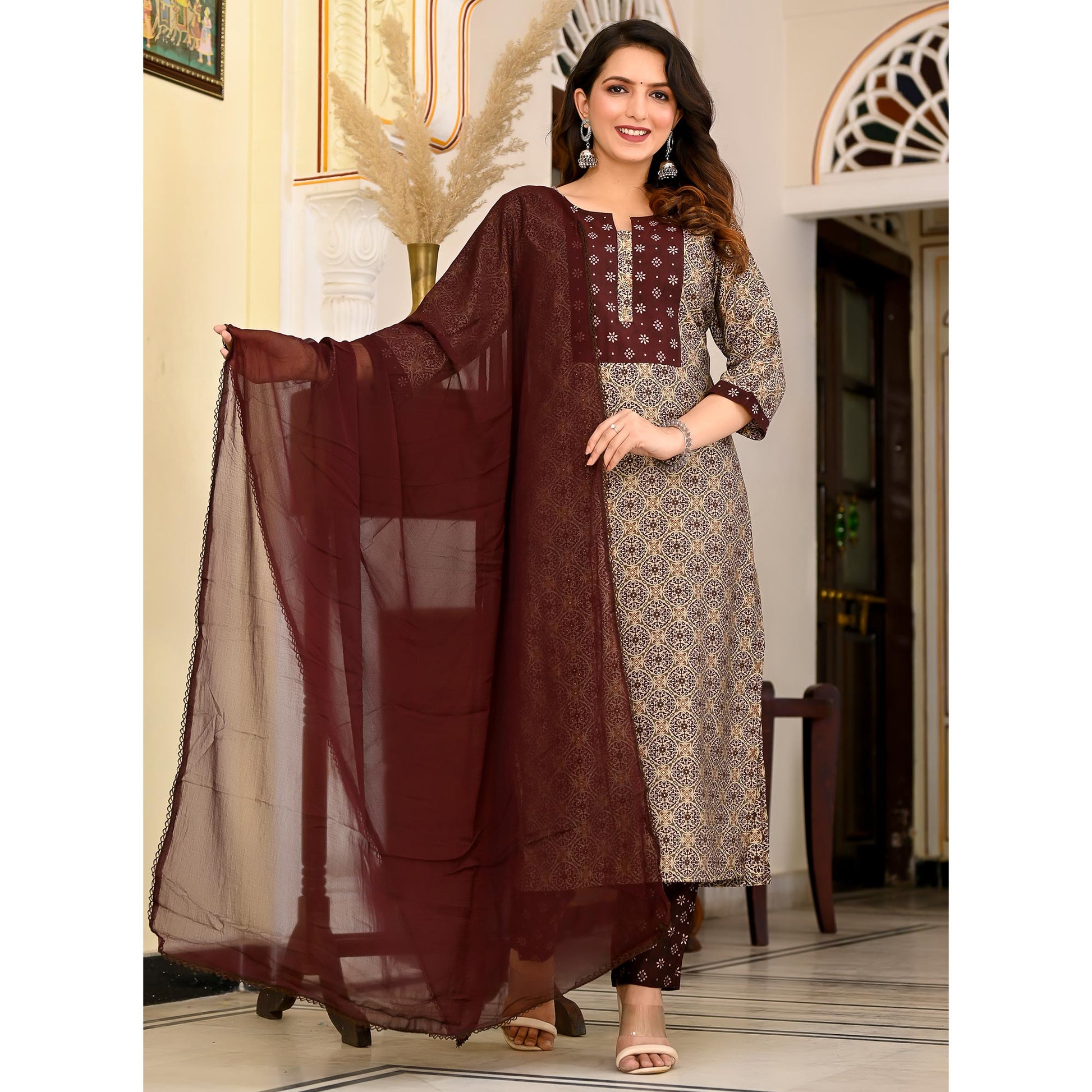 Brown Printed Chanderi Suit