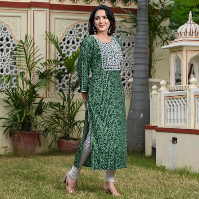 green-foil-bandhani-printed-with-embroidered-rayon-kurti