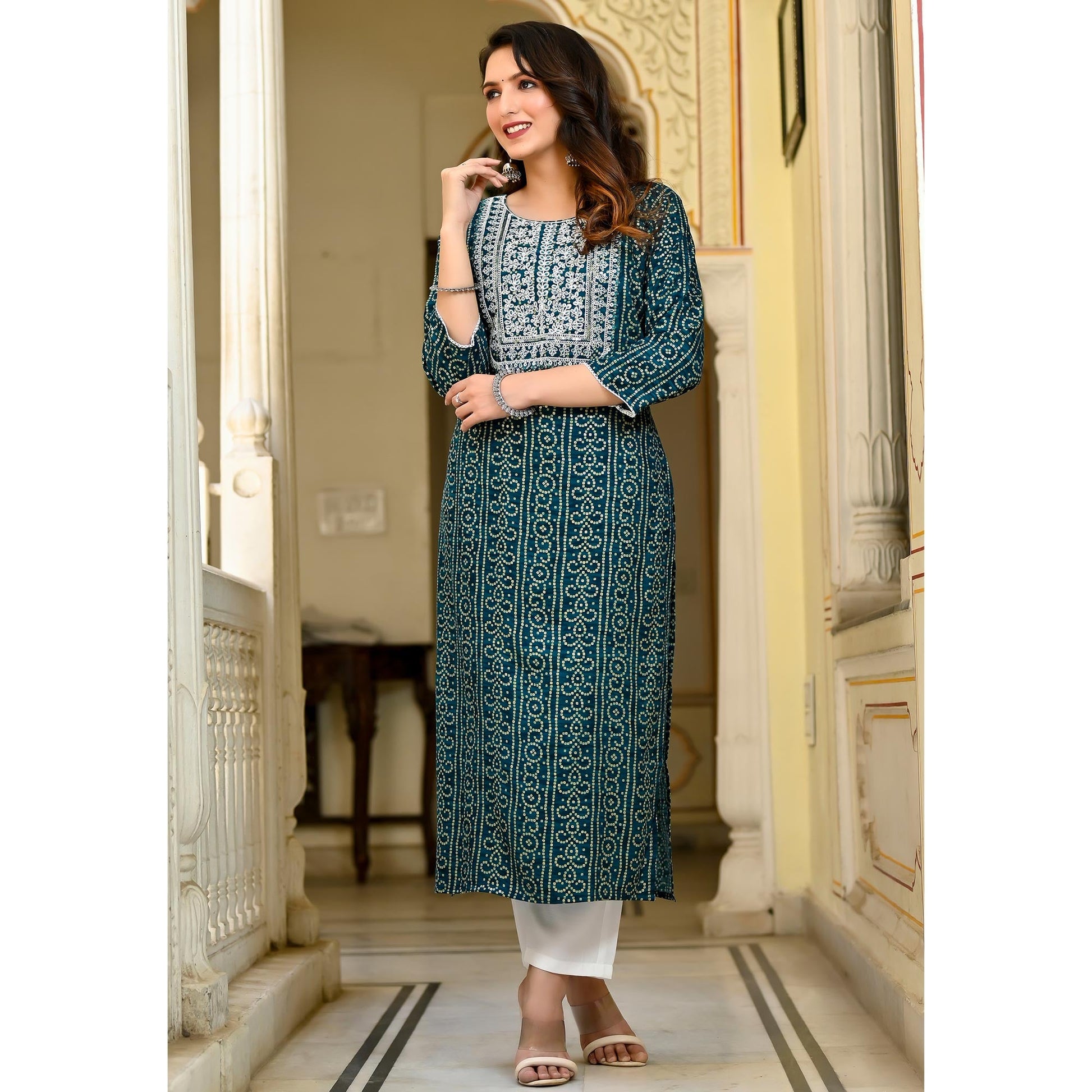 Morpich Foil Bandhani Printed With Embroidered Rayon Kurti