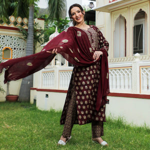 Maroon Floral Foil Printed Modal Suit