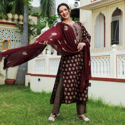 Maroon Floral Foil Printed Modal Suit