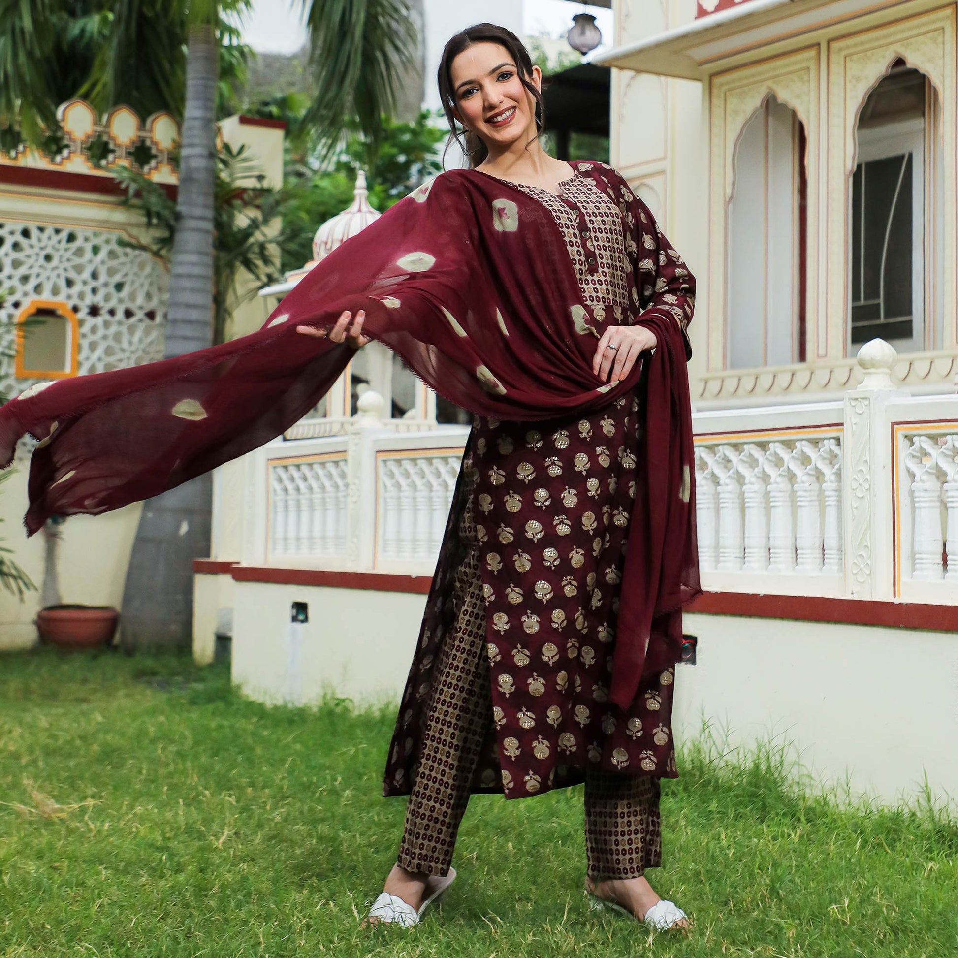 Maroon Floral Foil Printed Modal Suit