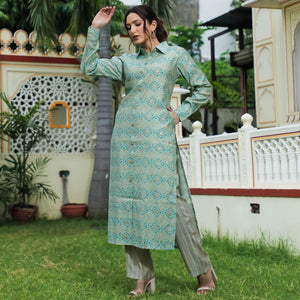 green-foil-printed-chanderi-kurti-pant-set