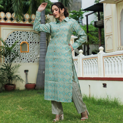 green-foil-printed-chanderi-kurti-pant-set