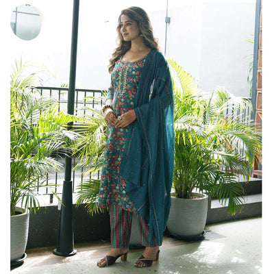 Blue Straight Chanderi Silk Suit With Handcrafted & Foil Print