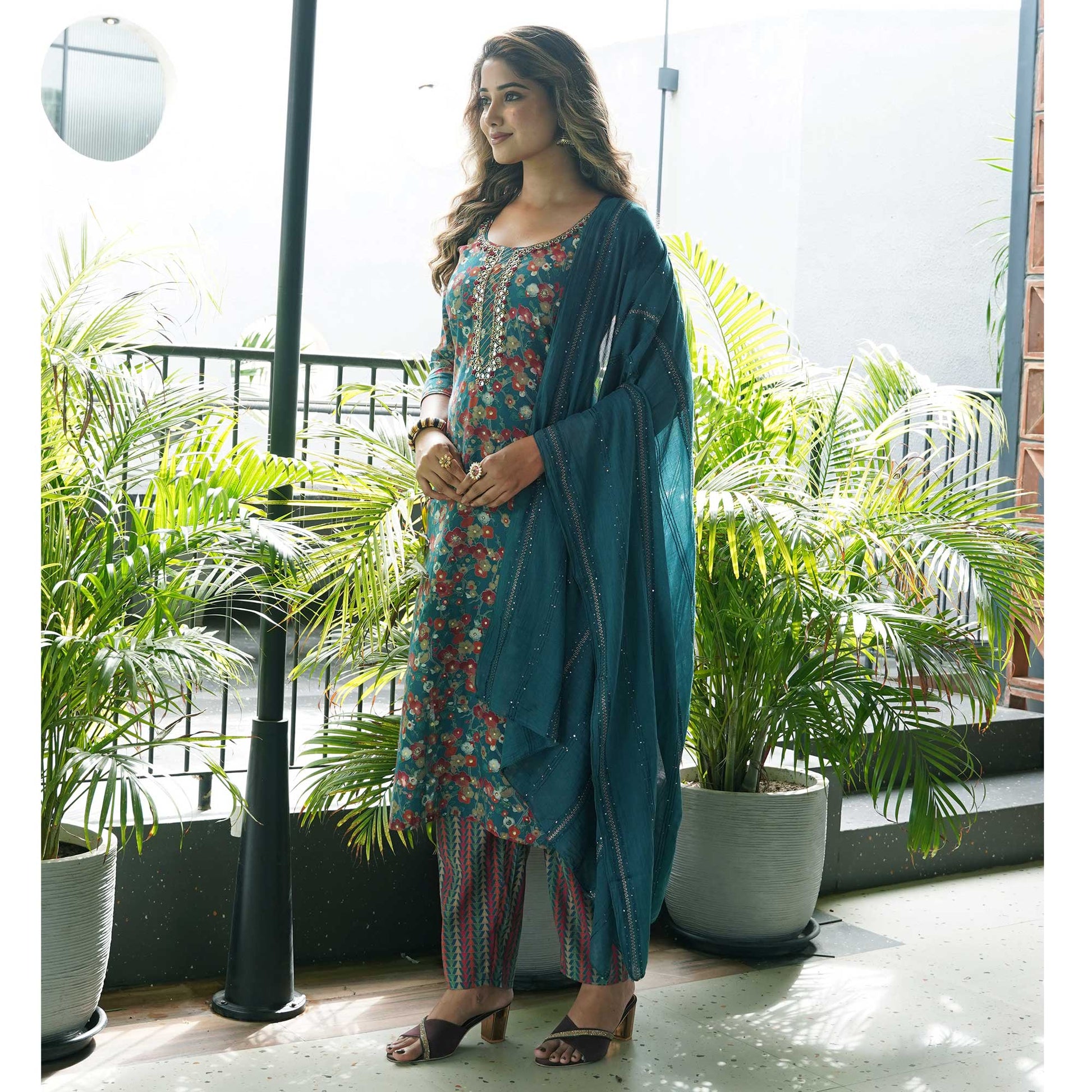 Blue Straight Chanderi Silk Suit With Handcrafted & Foil Print