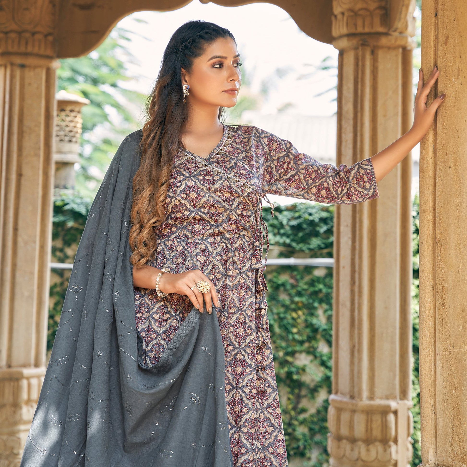 grey-angrakha-pure-cotton-suit-with-foil-print-zardozi-handcrafted-neckline
