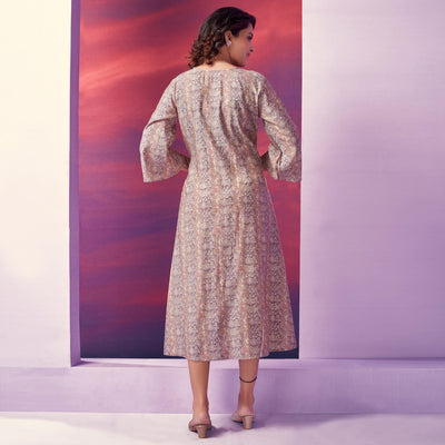 Brown Floral Foil Printed Chanderi Silk Dress