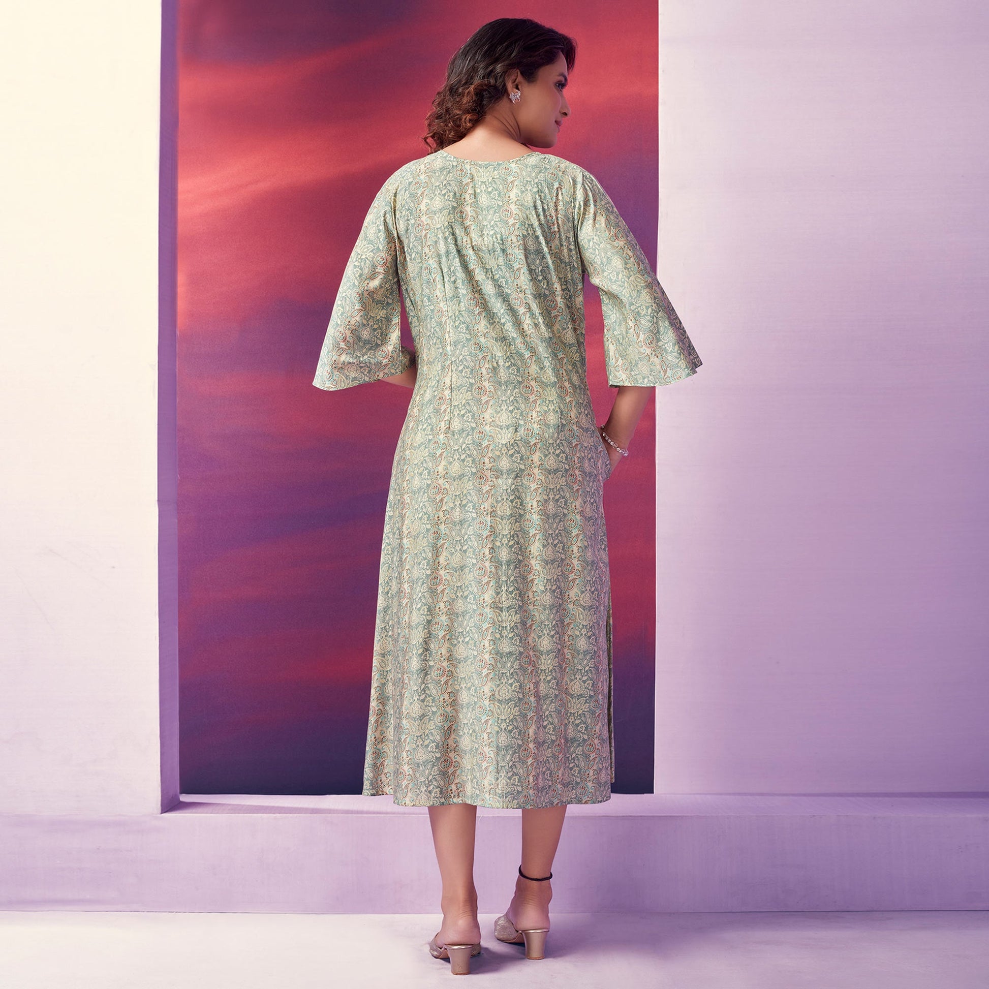 green-floral-foil-printed-chanderi-silk-dress
