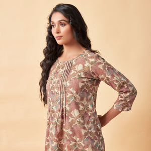 Brown Floral Foil Printed Rayon Top