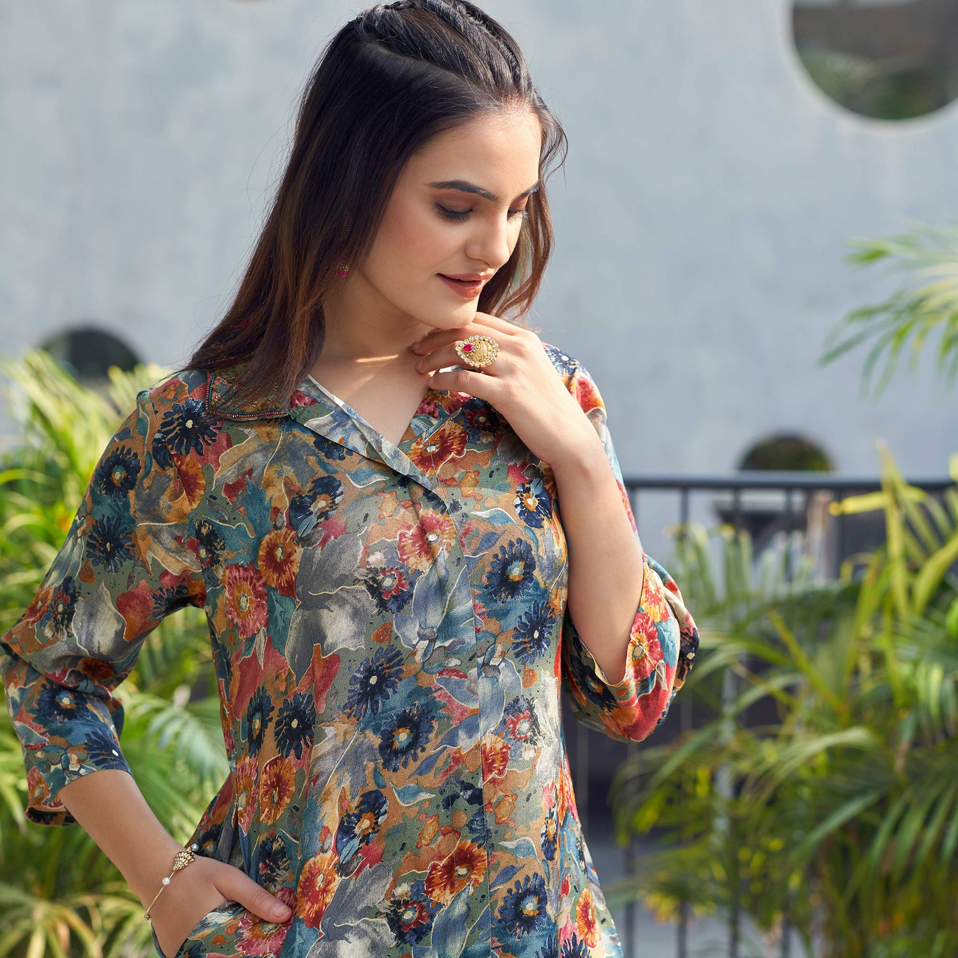 Multicolor Floral Foil Printed Chanderi Silk Co Ord Set