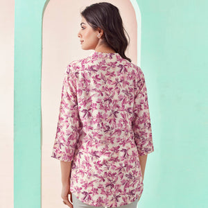 Cream & Pink Floral Foil Printed Rayon Straight Top