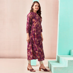 Maroon A-Line Printed Chanderi Silk Dress