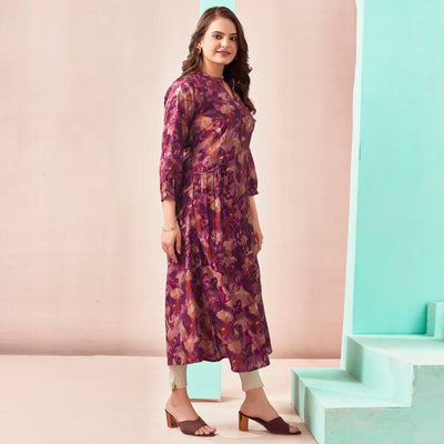 Maroon A-Line Printed Chanderi Silk Dress
