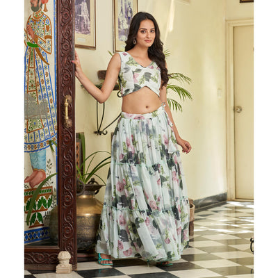 green-white-floral-printed-georgette-crop-top-lehenga