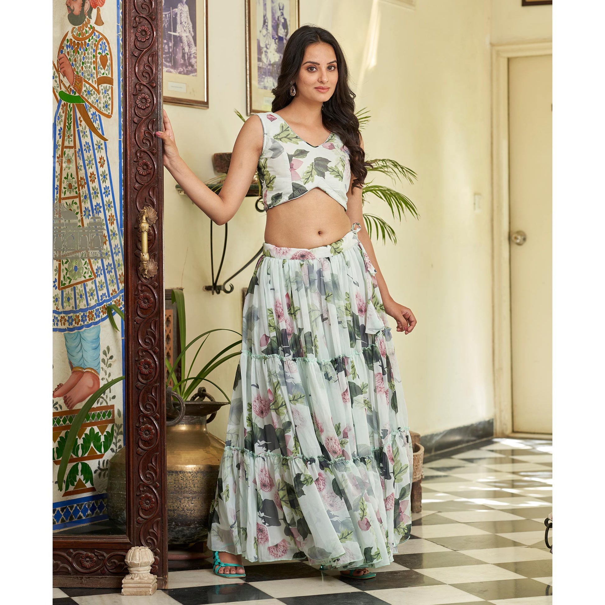 green-white-floral-printed-georgette-crop-top-lehenga