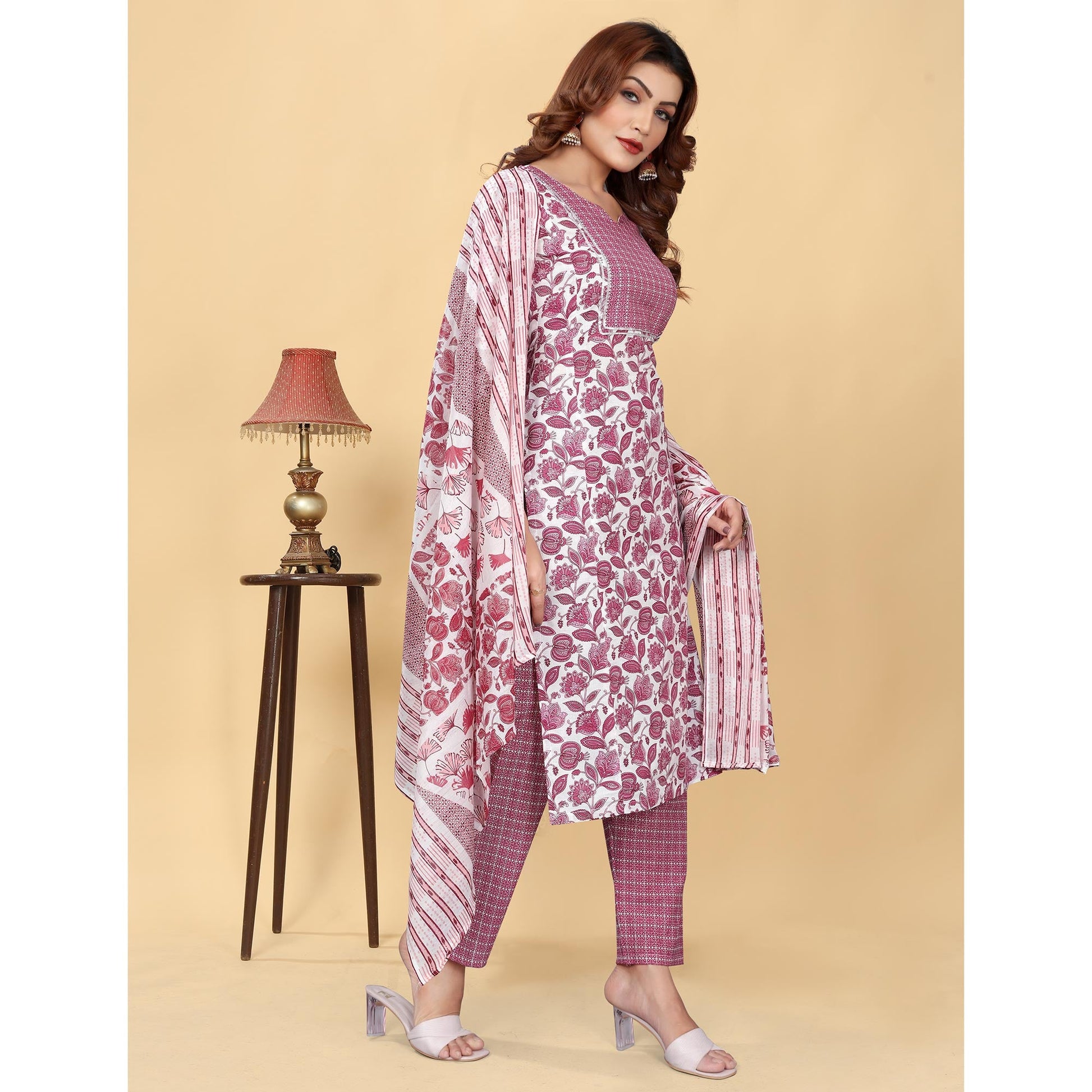 Light Wine Floral Printed Cotton Blend Salwar Suit