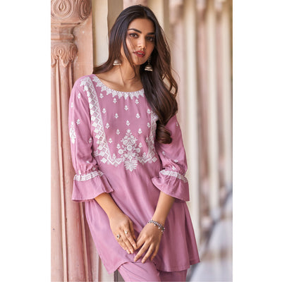 Light Pink Floral Embroidered Rayon Co Ord Set