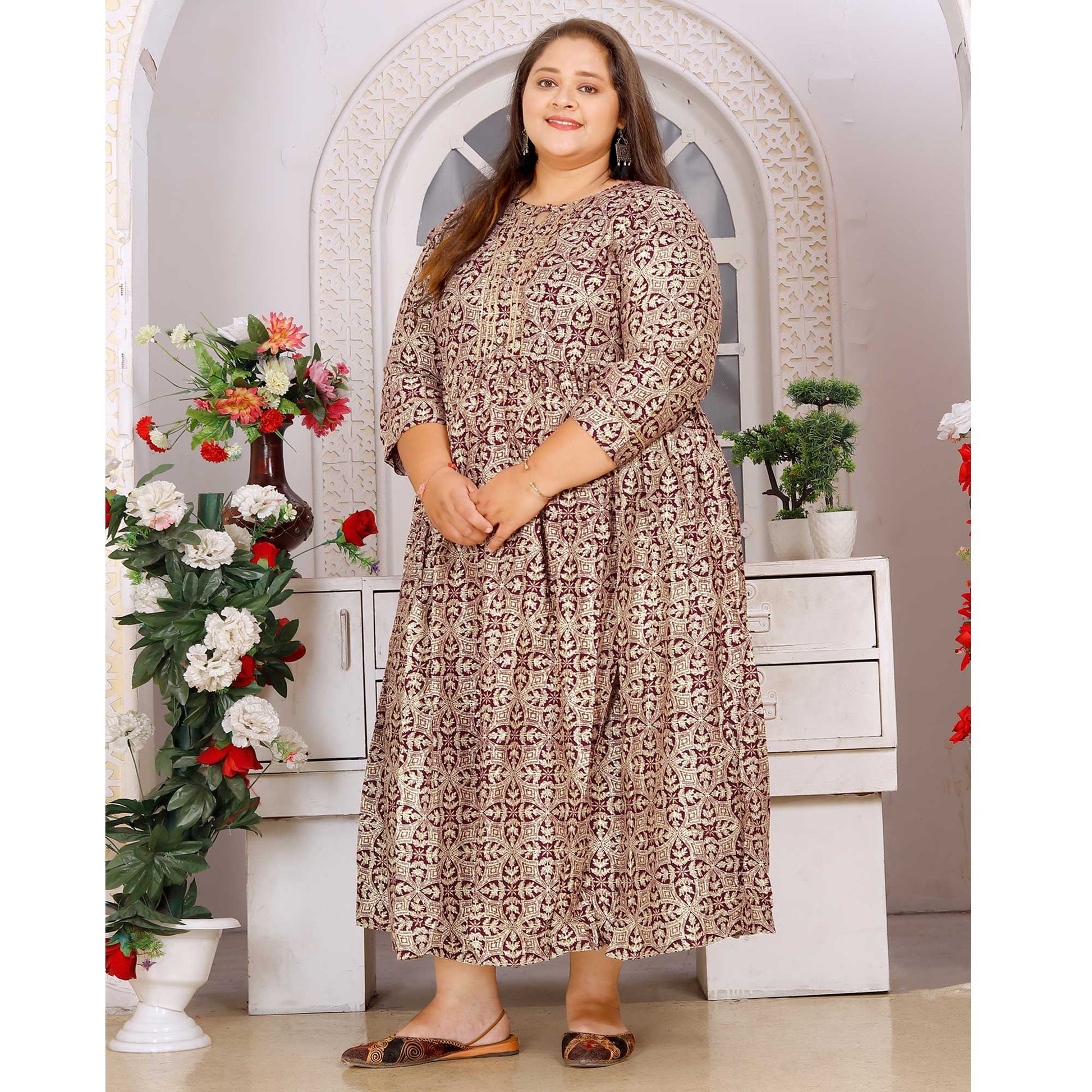Maroon Floral Printed Rayon Long Kurti