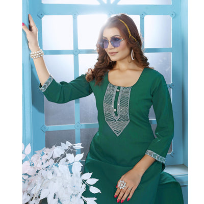 green-sequins-embroidered-cotton-blend-kurti-pant-set