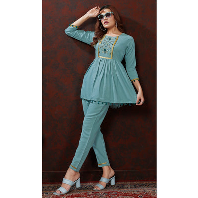 Dusty Turquoise Embroidered Cotton Blend Co Ord Set